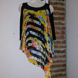 Joseph Ribkoff Asymmetric Pleated Floral Tunic Cold Shoulder Size 10